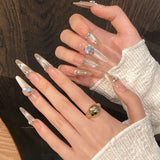 Yeknu  10pcs French Cat Eye Press on Nails Handmade 3D Flower Pearl Rhinestone False Nails Ice Nude Nail Art Long Almond Elegant Nails
