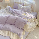 Yeknu  4pcs  Korean lace Duvet Cover Set (1*Duvet Cover + 2*Pillowcase, bed sheet), Pink checkered print Bedding Set