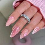 Yeknu  24Pcs Almond Cat-Eye Press-On Nails in Blush Pink Reusable&Wearable Elegant 3D Floral French Tips for Women&Girls’Daily Wear