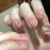 Yeknu  24pcs Short False Nail Gradient Color With Glitter Sequins Design Fake Nails Patch Full Cover Artificial Acrylic Nail Tips
