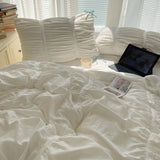 Yeknu  Solid Color Pleated Textured Soft Breathable Chic Princess 4pcs Bedding Set, Delicate Bows Twin Duvet cover Bed sheet Pillowcase
