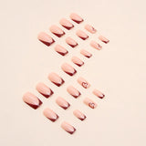 Yeknu  24 PCs Short Square French Heart Simple Nails with 1 Jelly Glue and 1 Nail File