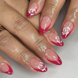 Yeknu  Short Glossy Oval Press-On Nails with French Glitter Tips Spring Flower Designs False Nail Tips for Women&Girls Manicure Look
