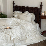 Yeknu  New Retro French Style 3D Oil Painting Floral Duvet Cover Set, Princess Ruffled 100% Cotton Dark Coffee Color 4-in-1 Bedding Set