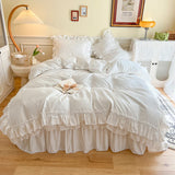 Yeknu 4Pcs White Korean Princess Style 100% Cotton Bedding Set Double Layer Lace Ruffles Duver Cover Bed Skirt Bedspread Pillowcases