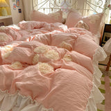 Yeknu  3/4Pcs Korean Style Princess Lace Ruffles Skin-friendly Soft Flowers Embroidery Bedding Set Duvet Cover Bed Sheet Pillowcases