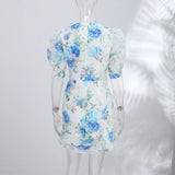 Yeknu  Sexy Print Women Min Dress Urban Deep V-neck Short Puff Sleeve Cascading Ruffle Female Dresses Spring Summer Lady Robe