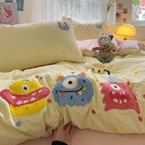 Yeknu Cartoon Animal Embroidery Bedding Set For Adults Kids Cute Flat Fitted Sheet With Pillowcases Washed Cotton Colorful Full Size