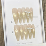 Yeknu  10pcs Handmade Long Almond Press on Nails Gradient French Cat Eye False Nails Pink Flower Design Fake Nails for Women Wearable