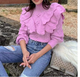 Yeknu  Knitted Autumn Pullover Sweater Women Turtleneck Ruffle Pleated Ladies Sweaters Top Long Sleeve Modis Korea Style Woman Top