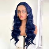 Yeknu  Dark Blue Wig Body Wave Synthetic Lace Front Wig Middle Part Long Wavy Natural Curly 13X4 Frontal Wigs for Women Daily Party