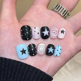 Yeknu  10Pcs Handmade Press On Nails Short Square Fake Nails Black Pink Blue Star & Polka Dot Full Cover Reusable False Nails for Women