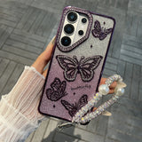 Yeknu  Hard Shell Butterfly Glitter Phone Case For Samsung S25 Ultra S25 S26 Ultra S26 S24 S23 A26 5G A16 Lncludes Bracelet Cover Funda