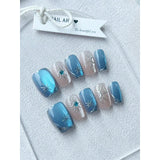 Yeknu  10pcs Short Square Star Iridescent Blue Cat Eye Nail Art Tips, Ballet Style, Removable, Elegant Nail Dress Up,Suitable For Party