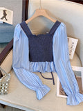 Yeknu  Women's Blue Striped Shirts and Blouses Y2k Vintage Harajuku Aesthetic 2000s Oversize Long Sleeve Shirt Outfits Fashion Clothes