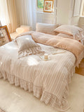 Yeknu  Premium 100% Cotton Bedding 4Pcs Set, Elegant Ins French Plaid Cotton Bed Skirt Bed Sheet Quilt Cover, Ruffle Edge Duvet Covers