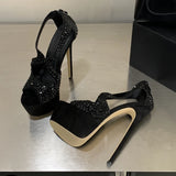 Yeknu  Diamond Peep Toe Sandals Woman Stiletto High Heels Zipper Shoes Sexy Nightclub Striptease Pumps