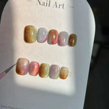 Yeknu 10Pcs Short Handmade Light Green Press On Nails Cat Eyes Pure Ballerina Decoration Wearable False Nails Full Cover Nail Tips Art