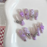 Yeknu  10PCS handmade coffin shaped nails, beautiful fake nails, violet grid gradient nail art, suitable for women to use
