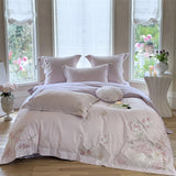 Yeknu  100% Cotton Pink Elegant Floral Embroidery Luxury Bedding Set Hidden zipper Duvet Cover Bed Sheet/Fitted Sheet Pillowcases 4Pcs