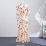 Yeknu  Summer Autumn Vacation Print Long Women's Dress Sexy Deep V-neck Split Short Puff Sleeve Pleated Female Robes Outwear New