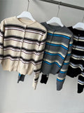 Yeknu  Knitted Autumn Cardigan Women Slim Fashion Striped Print Ladies Cropped Cardigans Korean Style Woman Sweater Coats