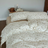 Yeknu INS Princess Ruffle Edge Gauze 100% Cotton Pillow Case Breathable Duvet Cover Without Filler 3PCS Floral Home Bedding Set