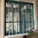 Yeknu  French Retro Green Sheer Curtains for Living Room, Solid Short Tulle Curtain for Kitchen Bathroom Cupboard Drapes Window Valance