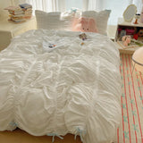 Yeknu  Solid Color Pleated Textured Soft Breathable Chic Princess 4pcs Bedding Set, Delicate Bows Twin Duvet cover Bed sheet Pillowcase