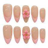 Yeknu  10Pcs French Oval False Nails 3D Handcarved Floral Design Handmade Press On Nails For Women Wearable Sweet Nude Pink Fake Nails