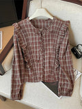 Yeknu  Women's Red Plaid Shirts and Blouses Y2k Aesthetic Vintage Korean Harajuku 2000s Elegant Long Sleeve O-Neck Shirt Trashy Clothes