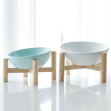 Yeknu  Ceramic Round Pet Bowls, Home Removable Cat Food Bowl With Frame 45° Tilted Design Wood Bottom Pets Drinking Feed Tableware, 1Pc