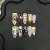 Yeknu  10pcs Handmade Almond Press on Nails Autumn Retro Brown Fake Nails Wearable Silver Butterfly Baroque Design Wearable False Nails