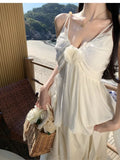 Yeknu  French Elegant White Suspender Dress Women Summer Sleeveless Seaside Holiday Style Beach Long Dress