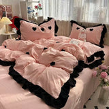 Yeknu  Ins Pink Bow Bedding Set Ruffles Duvet Cover Set Flat Sheet Set Women Girls Princess Bed Linen Set Single Twin Queen Bedclothes