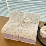 Yeknu Ins floral print Bedding set knitted cotton Flat sheet set Four pieces duvet cover double layer-yarn 4Pcs Cute Fitted sheet