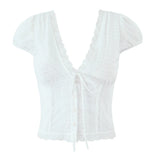 Yeknu  Positioned Lace V-neck White Shirt Top Short Sleeve Summer Chic Chest Tie Slim Women Crop Top Backless Sexy Shirt Blouse