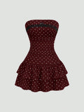 Yeknu  Sweetra New Winter French Fashion Polka Dot Lace Ruffle Bow Design Office Commute Casual Cute Sweet Style Strapless Bodycon Cinc