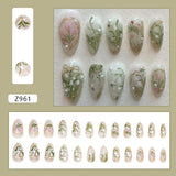 Yeknu  24Pcs Press On Nails Lily of the Valley&Tulip Floral Almond Fake Nails with Pearl&Rhinestone Accents Reusable False Nails