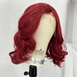 Yeknu  Burgundy Short Curly Wavy Silver Bob Wig Synthetic Hair Side Part Shoulder Length Body Wave Dark Red 13X4 Frontal Wigs for Women
