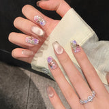 Yeknu 10Pcs Handmade Press on Nails Full Cover Cat Eye Rhinestone Design Nude Color French Ballerina False Nails Manicure Nail Tips