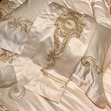 Yeknu Royal Golden Embroidery European Palace Luxury Bedding Set Champagne Brocade Egyptian Cotton Duvet Cover Bed Sheet Pillowcases