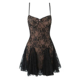 Yeknu  Bow V-neck Suspender Dress European And American Style Summer Sleeveless Mini Dresses Women Spliced lace Dress