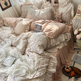 Yeknu 3/4Pcs Korean Princess Style Floral Ruffles Bedding Set Skin-friendly Soft Duvet Cover Set Bed Sheet Or Bed Skirt Pillowcases