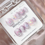 Yeknu 10Pcs Pink Shiny Fake Nails Handmade Glass Beads Cat Eye Nail Sticker Full Cover Cute Cherry Fruits Pattern Removable Nails Tips