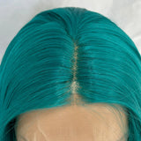 Yeknu  Long Green Body Wave Lace Front Wigs for Women Middle Part Blue Curly Wavy Syntehtic 13X4 Glueless Pre Plucked Cosplay Party Use