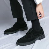 Yeknu  Large Size Abrasive Leather Brock Carved Business Dress Shoes for Men Round Head Lace-up Casual Shoes  New
