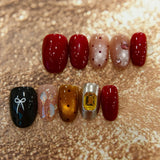 Yeknu  10Pcs Handmade Press On Nails Short Oval Red&Black Fake Nails With 3D Bow Glitter Decor Reusable Acrylic False Nails For Women