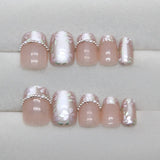Yeknu  24pcs Short Square Press on Nails Floral Cat-Eye Full Coverage Nail Tips for Women&Girl Pearl French Removable Wearable Nail Art