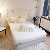 Yeknu  Flowers Lace Ruffles Princess Wedding Bedding Set Full Queen King Duvet Cover Bed Skirt/Bed Sheet/Fitted Sheet Pillowcases 4Pcs